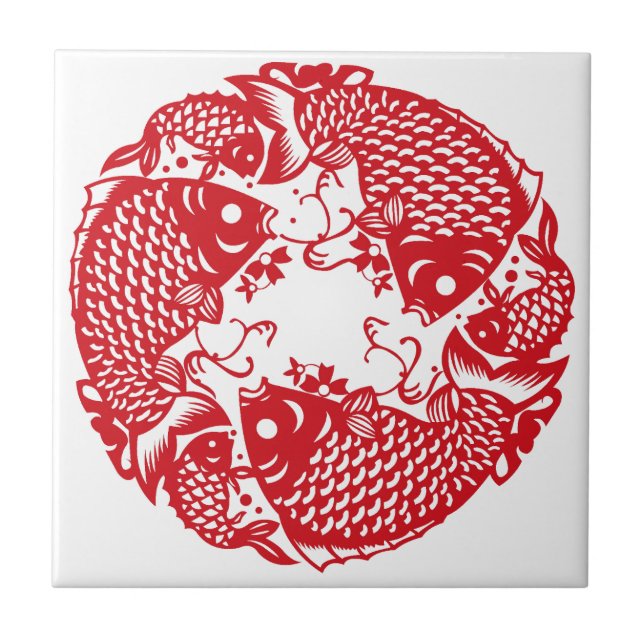 Red Whirling Koi Carp Keramik Tile Fliese (Vorderseite)