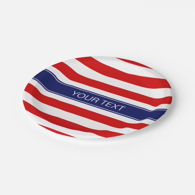 Red Whisky Stripe Navy Blue Name Monogram Pappteller (Schrägansicht)