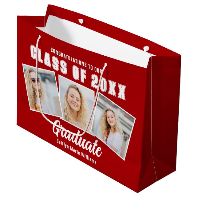 Red White Abschluss Foto Collage Graduate Große Geschenktüte (Vorderseite Schrägansicht)