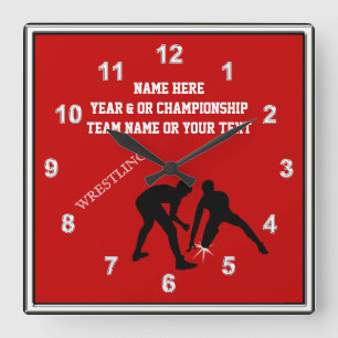 Red, White and Black Personalized Wrestling Clock Quadratische Wanduhr