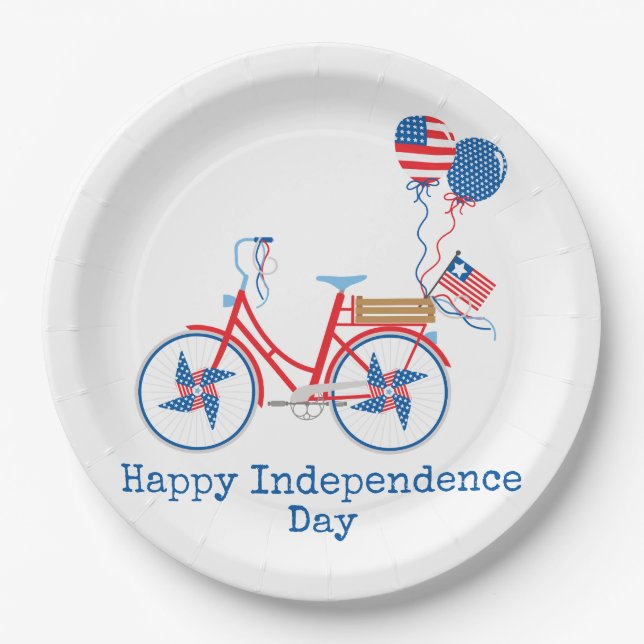 Red White and Blue 4. Juli Whimsical Bicycle Pappteller (Vorderseite)