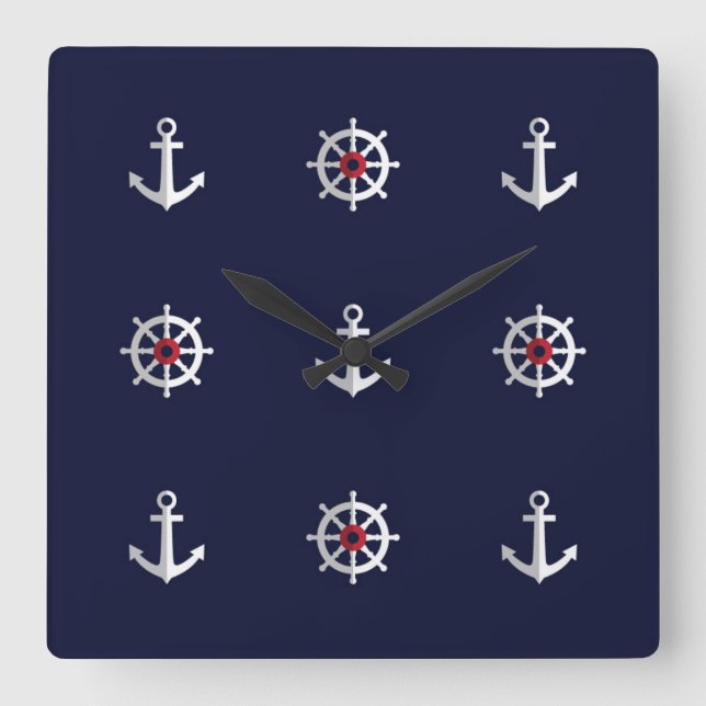 Red White and Blue Anchor Pattern Quadratische Wanduhr (Vorderseite)