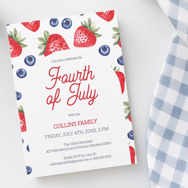 Red White and Blue Berry 4. Juli Summer Party Einladung (Red White and Blue Berry 4th of July Summer Party Invitation)