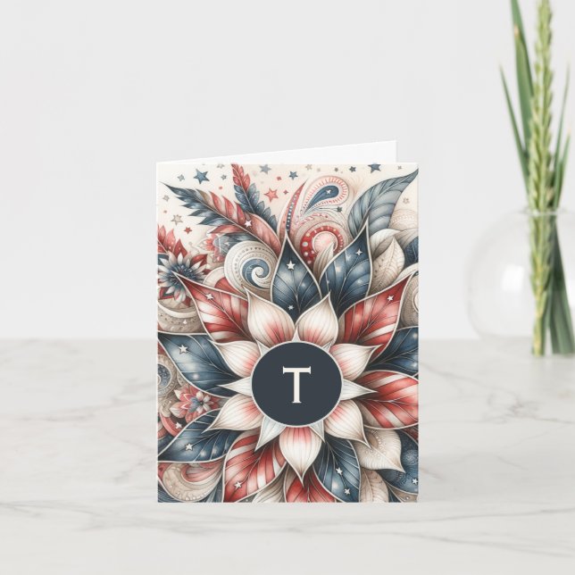 Red White and Blue Festivals Monogram Note Card (Vorderseite)