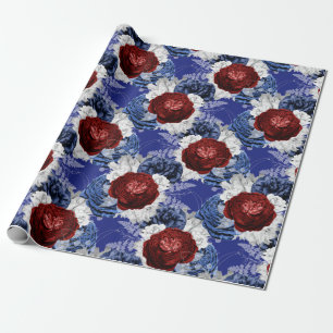 Red, White and Blue Floral USA Muster Geschenkpapier