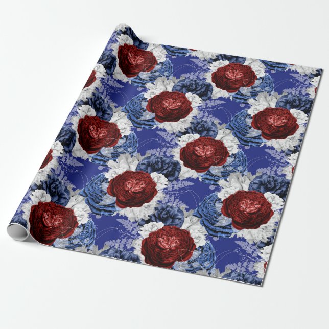 Red, White and Blue Floral USA Muster Geschenkpapier (Ungerollt)