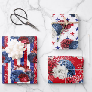 Red, White and Blue Floral USA Muster Geschenkpapier Set