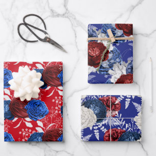 Red, White and Blue Floral USA Muster Geschenkpapier Set