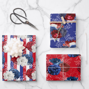Red, White and Blue Floral USA Muster Geschenkpapier Set