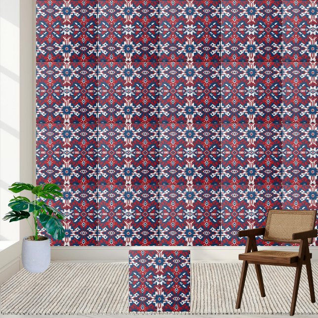 Red White and Blue Geometric Tribal Tile Fliese (Red White and Blue Geometric Tribal Tile)
