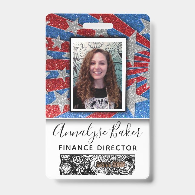Red White and Blue Glitzer Nurse USA Foto Name Ausweis (Vorderseite)