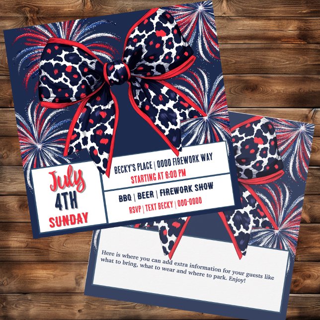 Red White and Blue Leopard Coquette Bow Einladung (July 4th Independence Day Patriotic party invitation you can customize on both sides
)