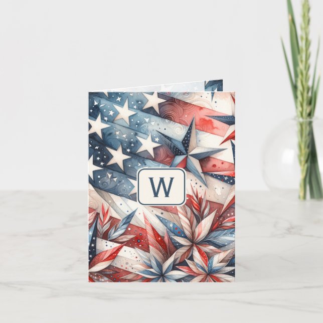 Red White and Blue Monogram Note Card (Vorderseite)