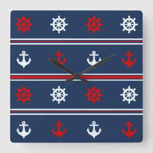 Red White And Blue Nautical Pattern Quadratische Wanduhr