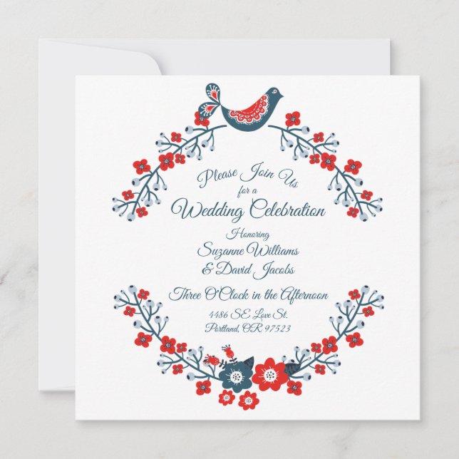 Red White and Blue Paisley Love Birds Wedding Einladung (Vorderseite)