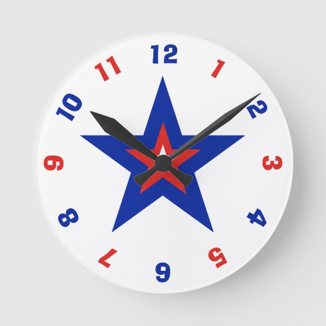 Red, White and Blue Patriotic American Star Runde Wanduhr (Vorderseite)