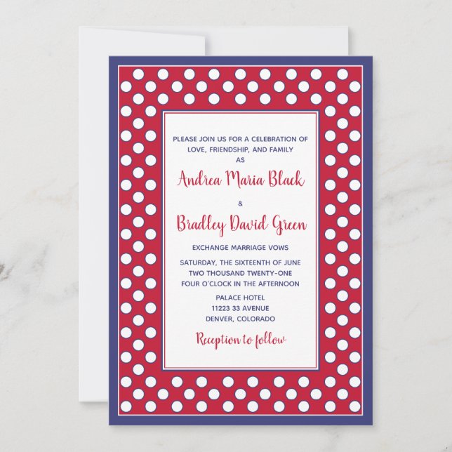 Red, White and Blue Polka Dot Wedding Einladung (Vorderseite)