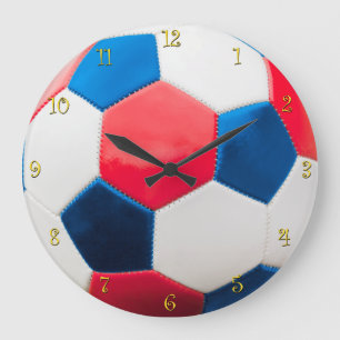 Red White and Blue Soccer Ball Große Wanduhr