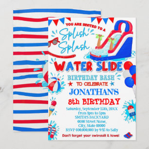 Red White and Blue Splish Splash Waterslide Birthd Einladung