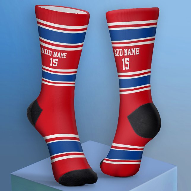 Red White and Blue Sport Jersey - Name Number Socken (Custom Sport Socks - Add Jersey Name and Number)