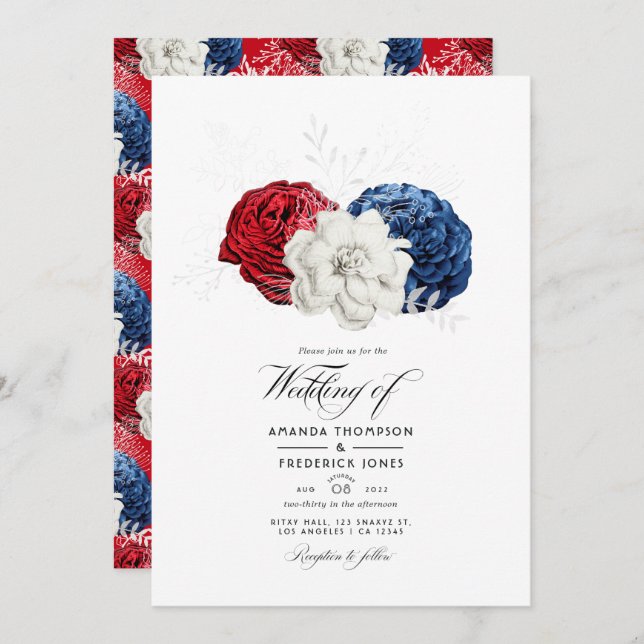 Red White and Blue USA American Wedding Foto Einladung (Vorne/Hinten)