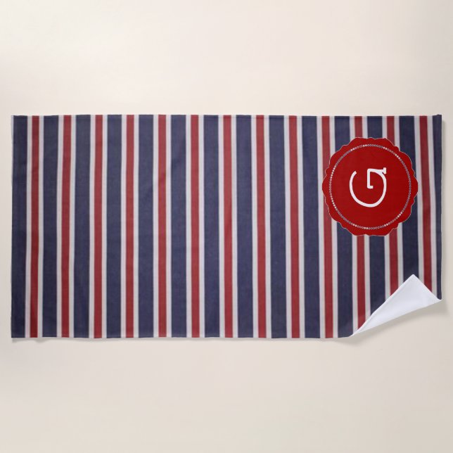 Red-White-and-Blue USA Monogram Stripe Design Strandtuch (Vorderseite)