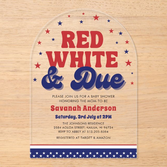 Red, White and Due 4 July Patriotic Baby Shower Acryleinladungen (Vorderseite)