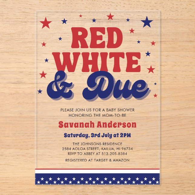 Red, White and Due 4 July Patriotic Baby Shower Acryleinladungen (Vorderseite)
