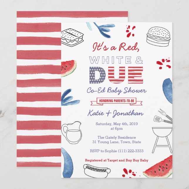 Red White and Due Blue Co-Ed Couples Kinderdusche Einladung (Vorne/Hinten)