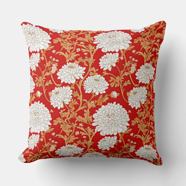 Red White and Gold Japanese Chrysanthemum Floral Kissen (Vorderseite)