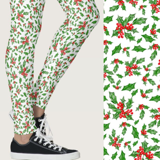 Red, white, and green holly Christmas Patterned Leggings (Von Creator hochgeladen)