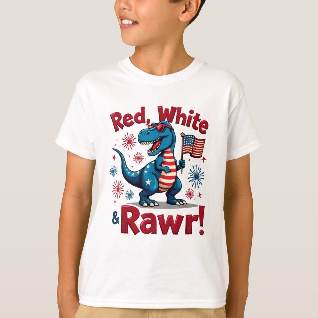 Red White and Rawr Niedlich Dinosaur USA Flag T-Shirt (Vorderseite)