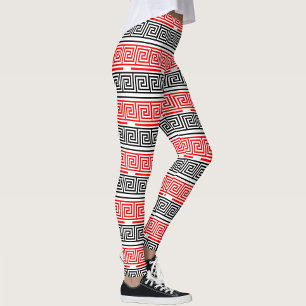 Red White Black Grikey Fret Pattern Design Leggings