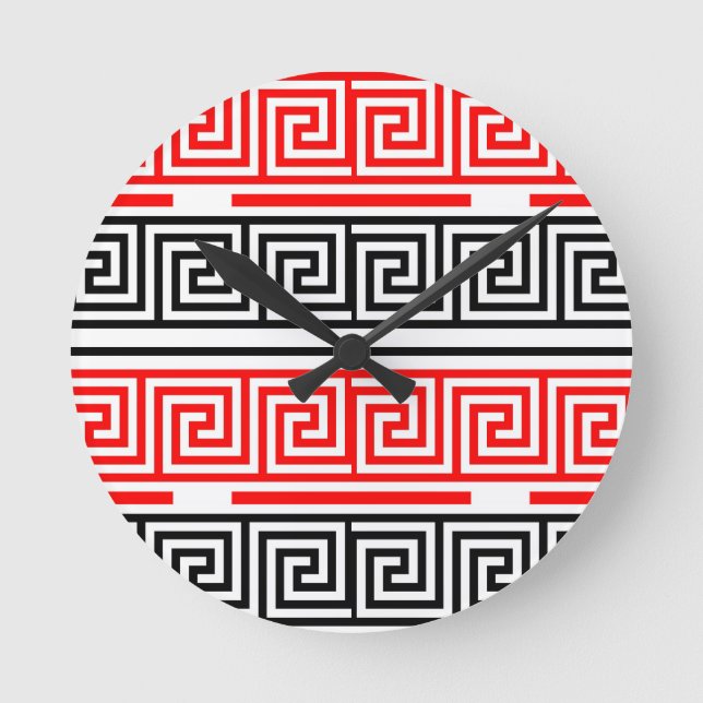 Red White Black Grikey Fret Pattern Design Runde Wanduhr (Vorderseite)