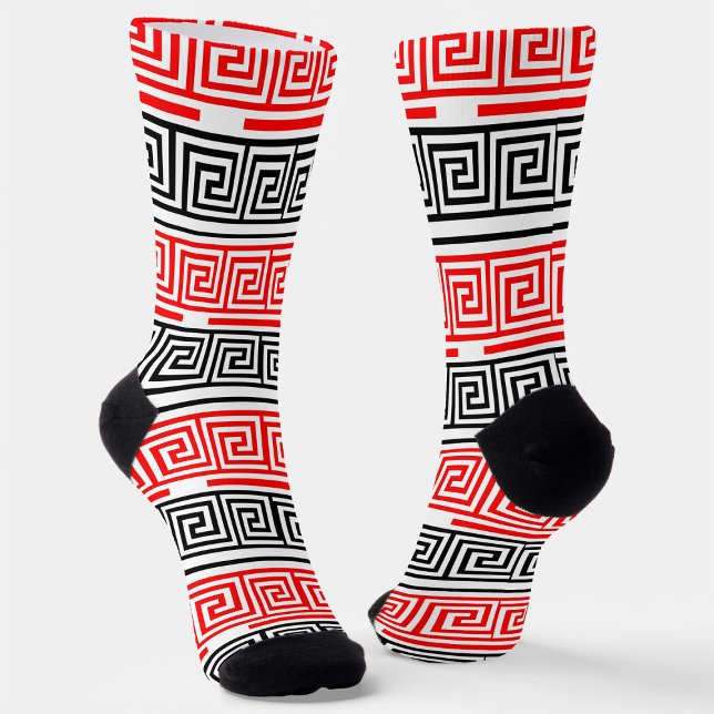 Red White Black Grikey Fret Pattern Design Socken (Von Creator hochgeladen)