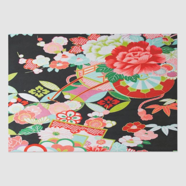Red White Black Japanisch Kimono Floral Decoupage Seidenpapier (Vorderseite)