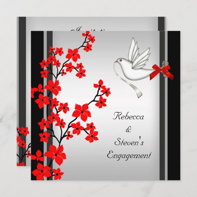 Red White Blossom Black von Engagement Party Einladung (Vorne/Hinten)