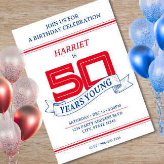 Red White Blue 50 Years Young Banner 50. Geburtsta Einladung