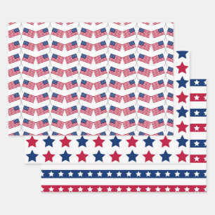 Red White Blue American USA Flaggen 4. Juli Stars Geschenkpapier Set