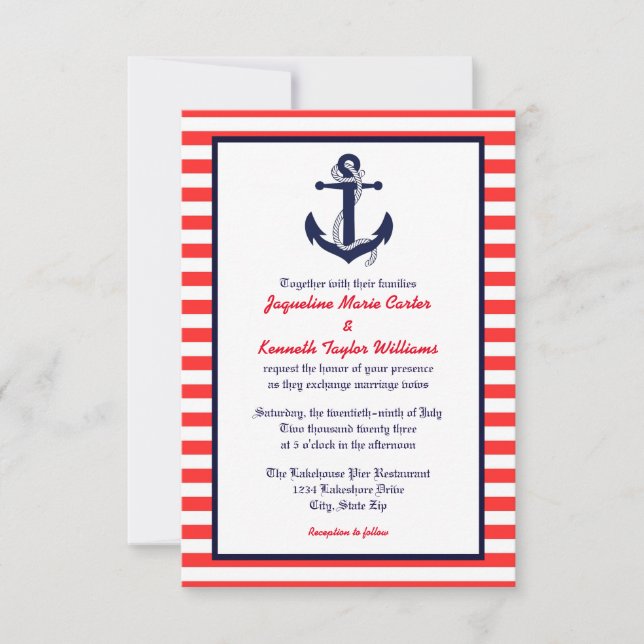 Red White & Blue Anchor - 3x5 Einladung zur Hochze (Vorderseite)