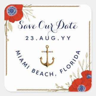 ⚓ Red White & Blue Anemone Anchor Wedding Quadratischer Aufkleber