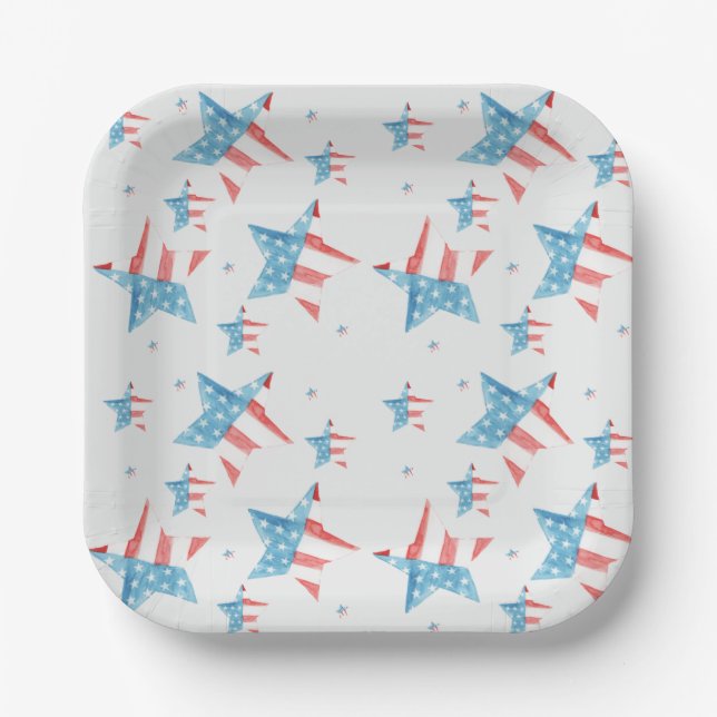Red White & Blue Aquarellstars PATTERN Square Pappteller (Vorderseite)