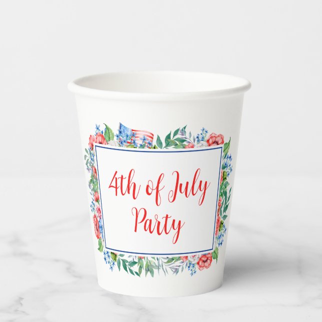 Red White Blue Blume 4. Juli Party Patriotic Pappbecher (Vorderseite)