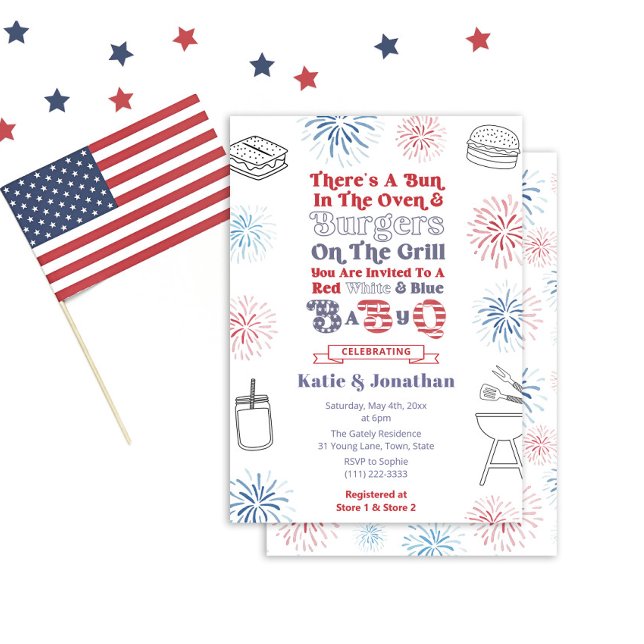 Red White Blue Bun im Oven BabyQ Baby Shower Einladung (Fun Red White And Blue Bun In The Oven theme baby-q baby shower invite. Groovy 1970s inspired font)