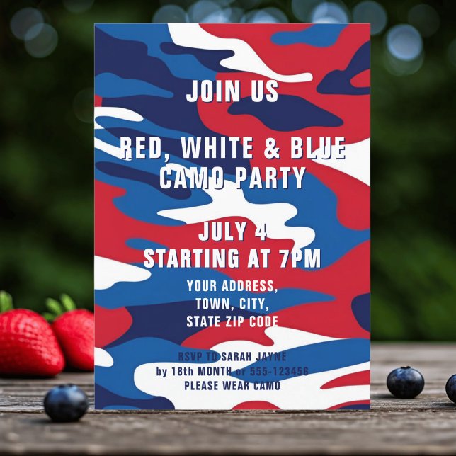 Red White Blue Camouflage 4. Juli Party Einladung (Celebrate 4th of July with a red, white and blue camo party. Just add your details)