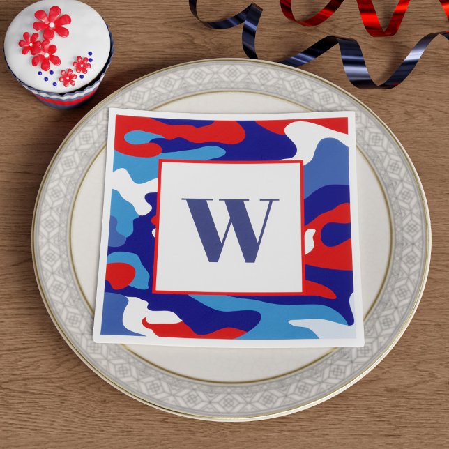 Red White Blue Camouflage Monogram Party Napkins Serviette (Here's some camouflage paper napkins just for you in the colors of red, white and blue.)