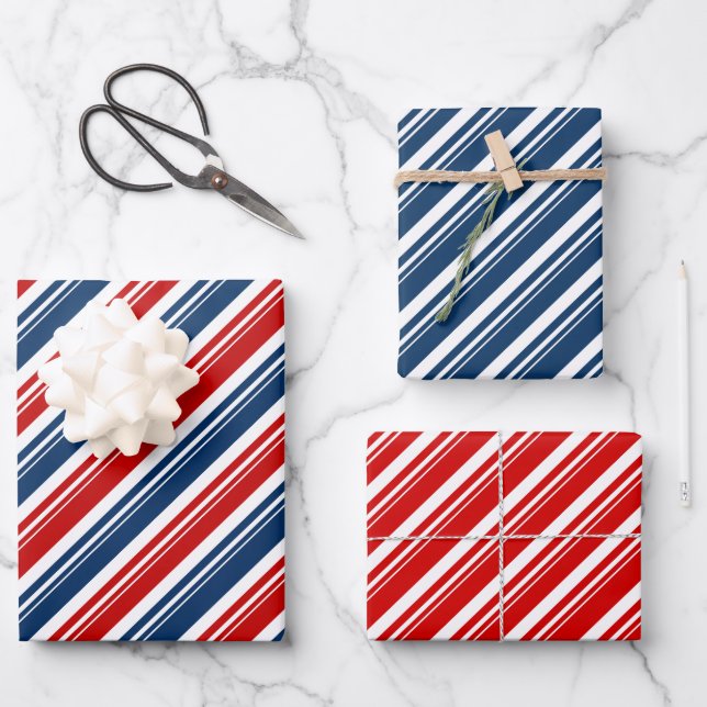 Red White & Blue Candy Cane Strip Holiday Geschenkpapier Set (Vorderseite)