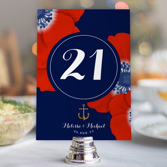 Red White & Blue Cascading Red Anemones Tischnummer (Nautical Red, White, and Blue Event or Wedding Table Numbers with Red Anemones)