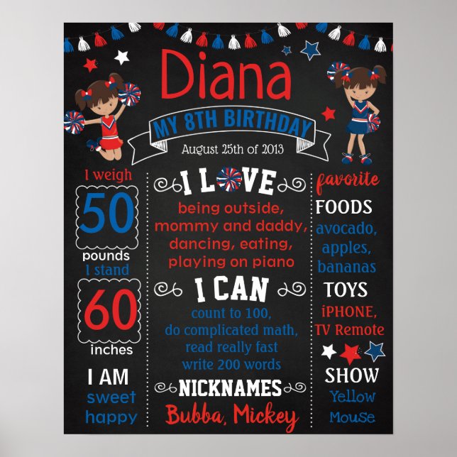 Red White Blue Cheerleader Birthday Board Poster (Vorne)