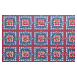 Red White Blue Cherries Gingham Patchwork Quilt Stoff